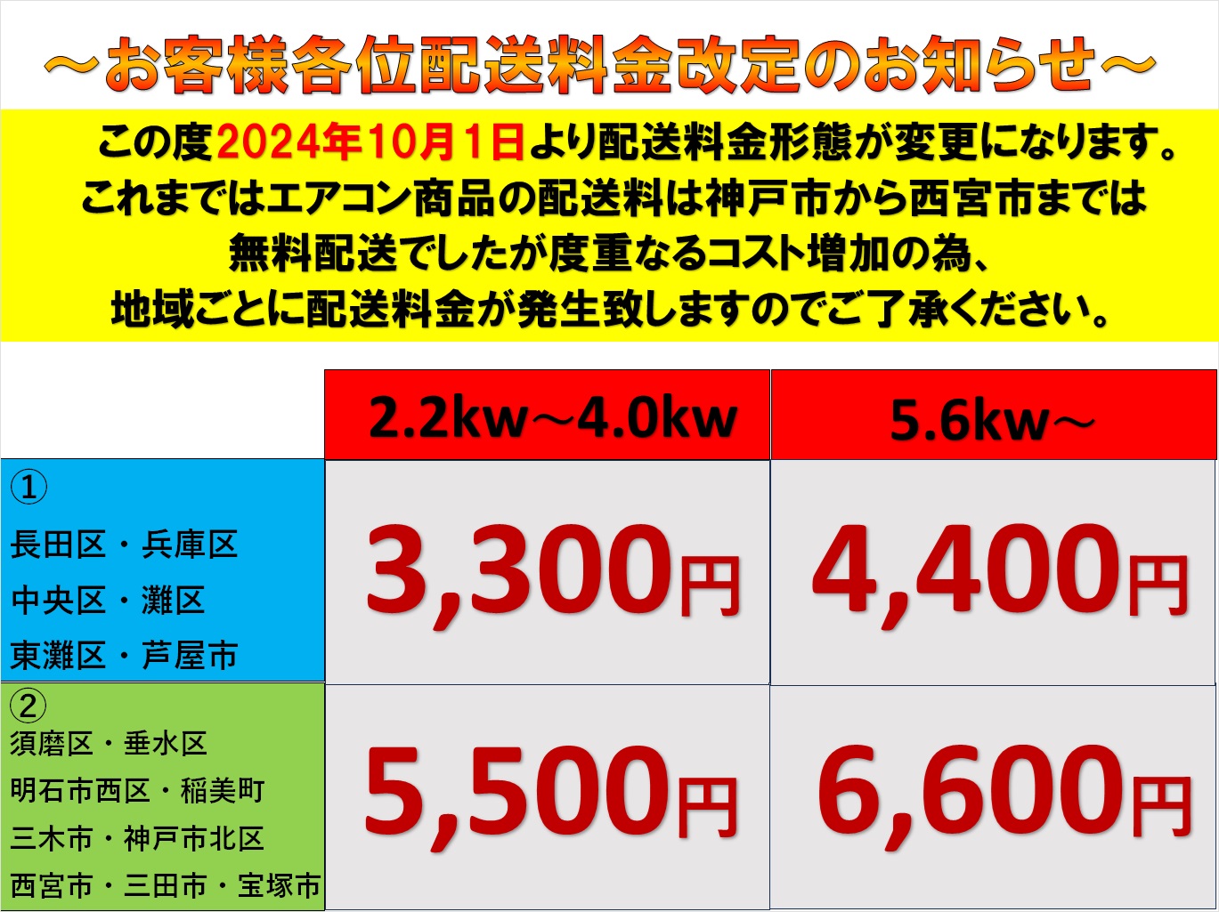 配送料金改定のお知らせ】 | 大阪エアコン工事